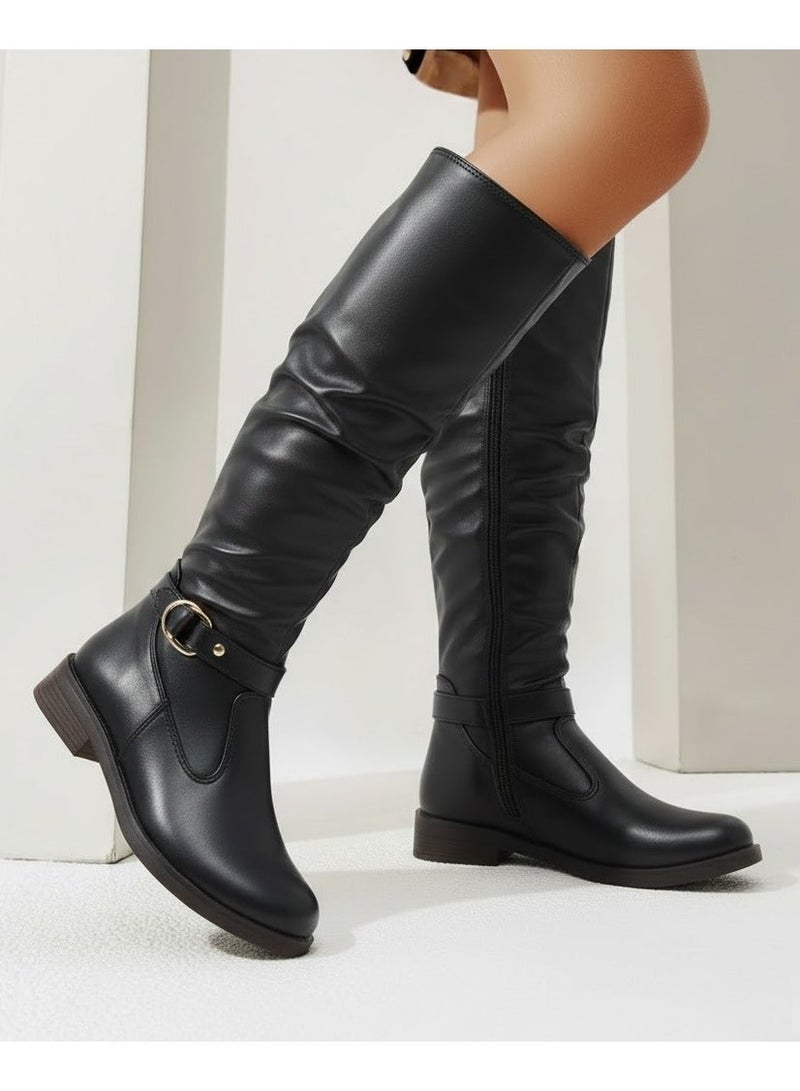 لايف ستيلاش  حذاء طويل من الجلد المريح LB-43 - أسود - Image 1